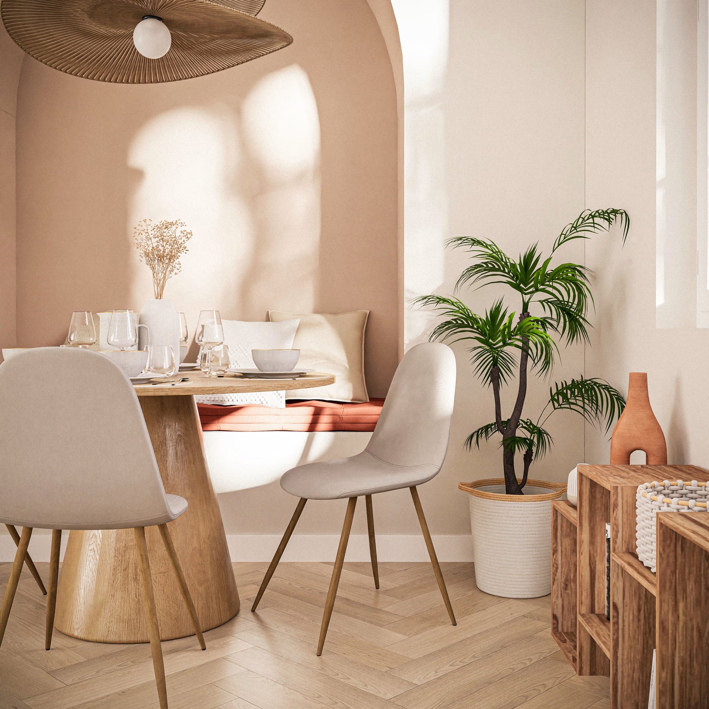 Clyde - Chaise en tissu recyclé beige et pieds en acier imitation chêne