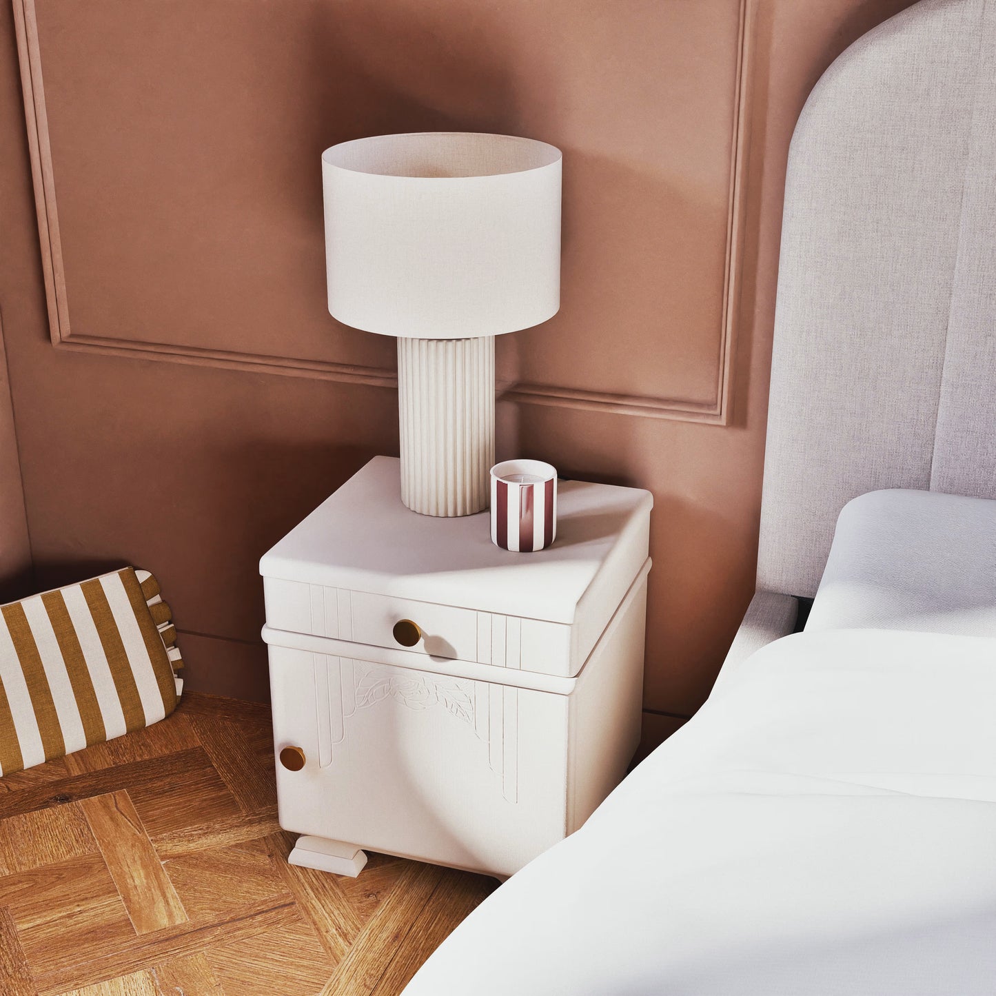 Vigo - Lampe en céramique striée beige et abat-jour en polyester recyclé