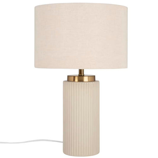 Vigo - Lampe en céramique striée beige et abat-jour en polyester recyclé